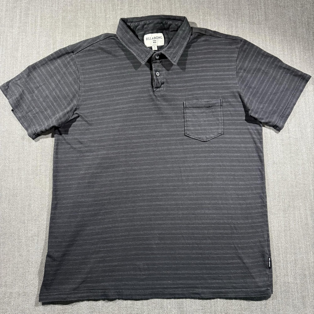 Billabong Polo Shirt Mens XL Gray Striped Short Sleeve Pocket Cotton Casual